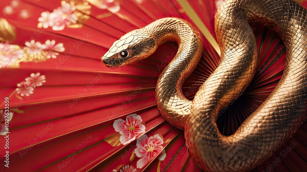 Golden Snake Coiled on Red and Gold Floral Fan Golden Snake Coiled on Red and Gold Floral Fan