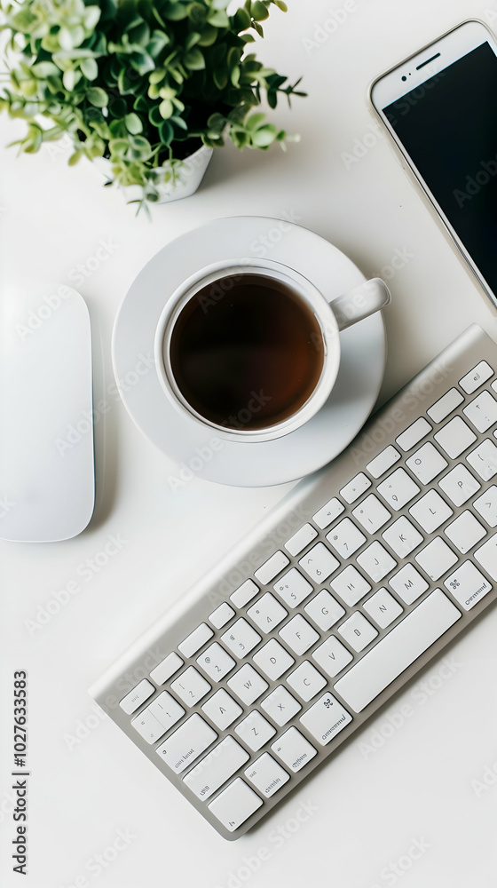 A workspace featuring a cup of coffee, keyboard, mouse, and a small plant. A workspace featuring a cup of coffee, keyboard, mouse, and a small plant.