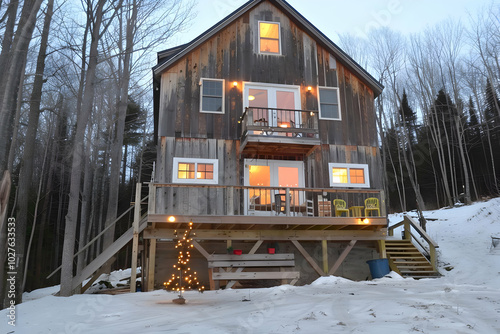 A cozy wooden cabin surrounded by snow, featuring warm lights and a welcoming atmosphere.