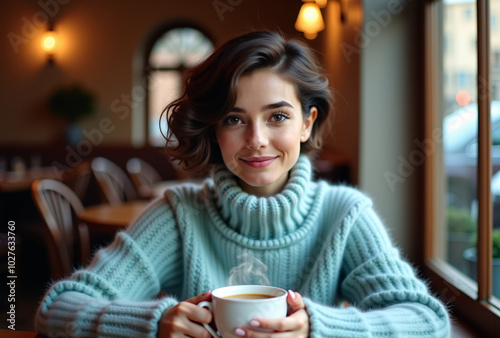 Brunette girl wearing cozy woolen light blue sweater in a cafe with a cup of steaming coffee in her hands.