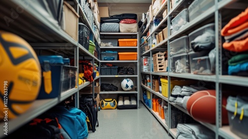 Fototapeta Naklejka Na Ścianę i Meble -  Shelves packed with different sports gear inside a storage room.