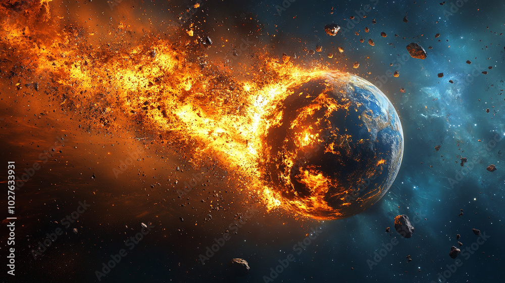 burning planet Earth in space, set against a bright blue backdrop. This powerful visual symbolizes climate change, environmental crisis, and the urgent need for global awareness burning planet Earth in space, set against a bright blue backdrop. This powerful visual symbolizes climate change, environmental crisis, and the urgent need for global awareness