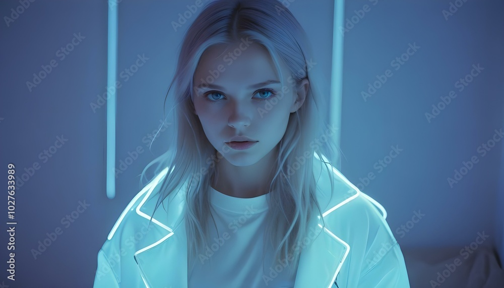 Young woman wearing a glowing jacket, exuding a stylish and futuristic vibe that captures attention in any setting. Young woman wearing a glowing jacket, exuding a stylish and futuristic vibe that captures attention in any setting.