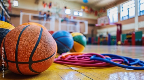 Fototapeta Naklejka Na Ścianę i Meble -  A gymnasium filled with classic school sports gear like basketballs and jump ropes.