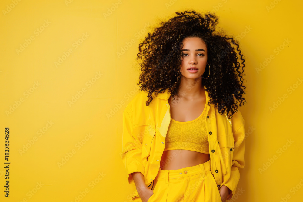 A curly woman in a yellow jacket with a yellow top against a matching bright yellow background A curly woman in a yellow jacket with a yellow top against a matching bright yellow background