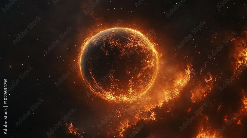 burning planet Earth in space, set against a bright blue backdrop. This powerful visual symbolizes climate change, environmental crisis, and the urgent need for global awareness burning planet Earth in space, set against a bright blue backdrop. This powerful visual symbolizes climate change, environmental crisis, and the urgent need for global awareness