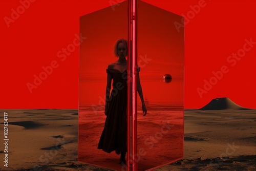 A mysterious figure in a black dress stands by a reflective red door against a surreal, desolate landscape with a bold red sky.