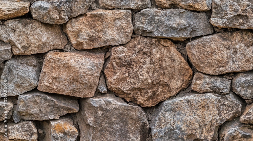 A close-up of a rough, weathered, rustic stone wall made of various sized, grey and brown stones. A close-up of a rough, weathered, rustic stone wall made of various sized, grey and brown stones.