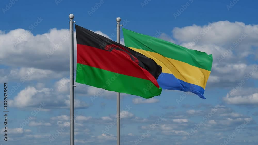 Gabon and Malawi flags flying together, video concept of the relationship, two country relations concept Gabon and Malawi flags flying together, video concept of the relationship, two country relations concept