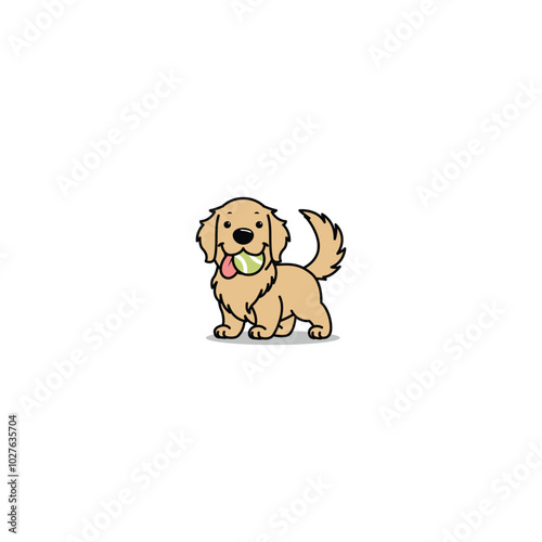 Cute golden retriever with tennis ball cartoon, vector illustration