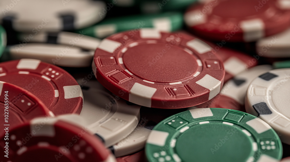 Colorful poker chips in pile create vibrant and exciting atmosphere, perfect for gaming enthusiasts. red, green, and white chips symbolize chance and strategy in casino setting