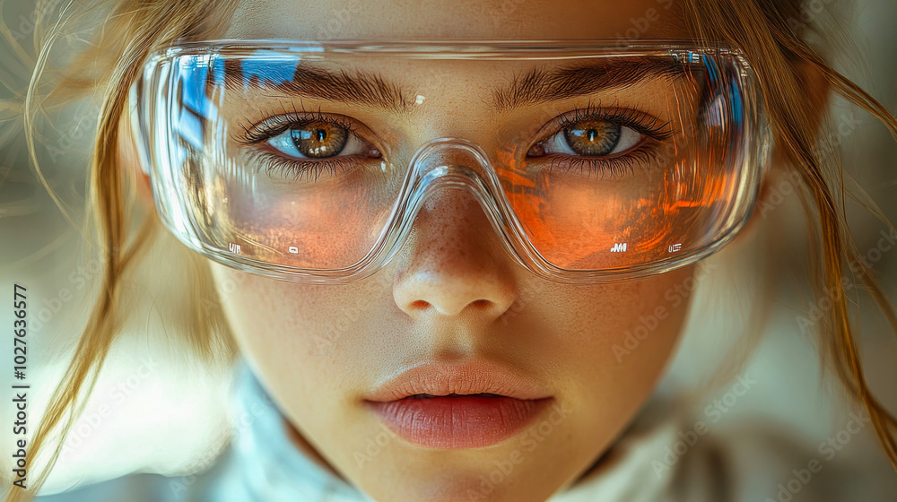 A young girl with augmented reality glasses looks ahead, her bright blue eyes reflecting a futuristic environment A young girl with augmented reality glasses looks ahead, her bright blue eyes reflecting a futuristic environment