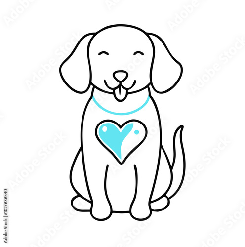 Cheerful cartoon dog with a heart on its chest, sitting happily against a white background,icon,