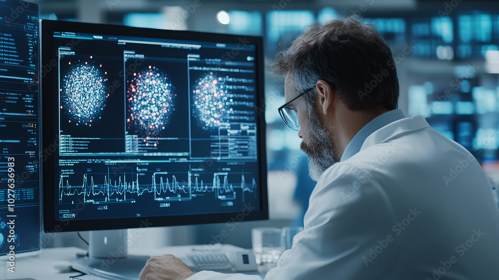 A scientist analyzes complex data on computer screen in modern laboratory, showcasing advanced technology and research. atmosphere is focused and innovative, reflecting importance of scientific discov