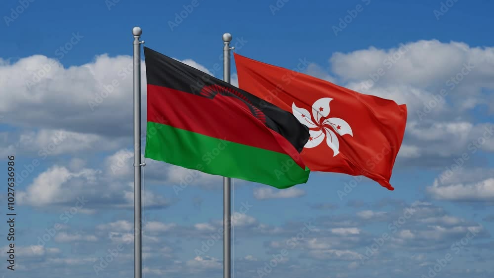 Hong Kong and Malawi flags flying together, video concept of the relationship, two country relations concept Hong Kong and Malawi flags flying together, video concept of the relationship, two country relations concept