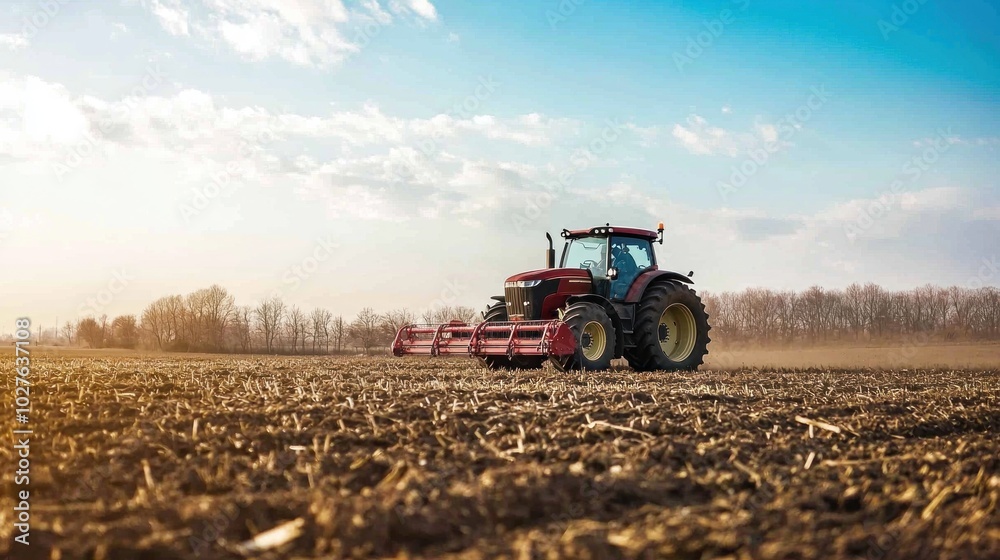 A sleek, modern tractor equipped with GPS technology working in a field. A sleek, modern tractor equipped with GPS technology working in a field.