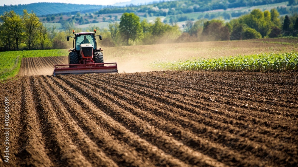 Fototapeta premium A plow and seed drill being used in a freshly tilled field.
