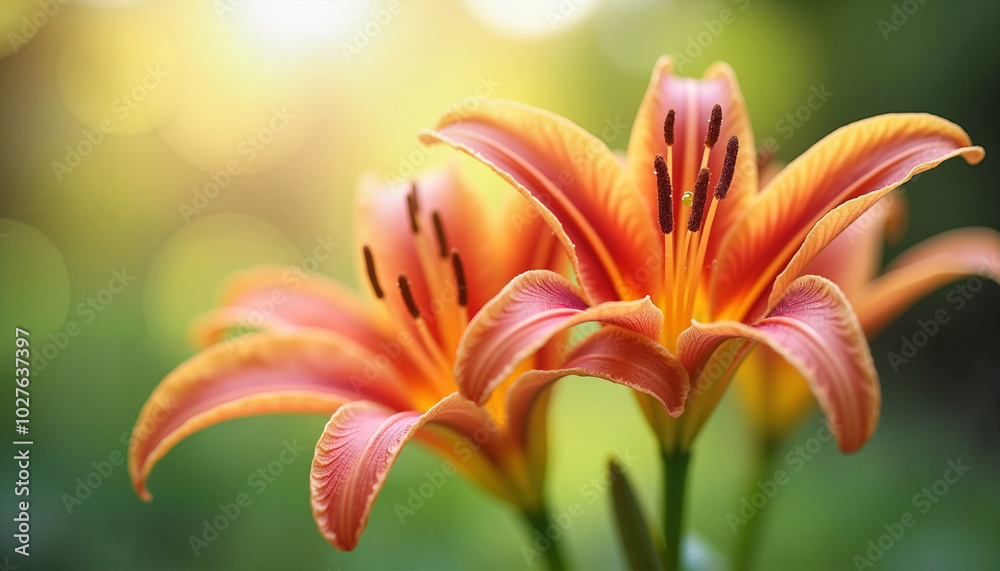 Vibrant orange lily blossoms in soft focus garden background Vibrant orange lily blossoms in soft focus garden background