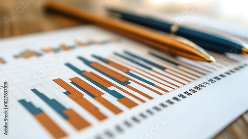 Close-up of a bar chart on a desk with two pens.