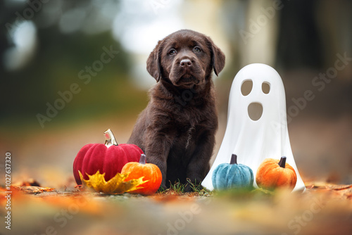 cute chocolate labrador retriever puppy posing with decorative pumpking and ghost statue for Halloween photo