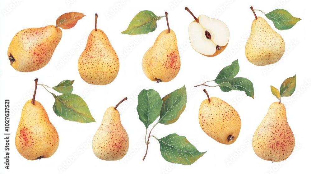 Obraz premium A collection of ten yellow pears with red spots, leaves, and a pear cut in half.