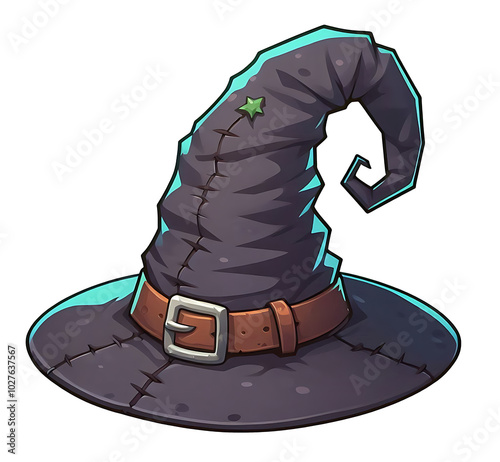 Classic, witch or wizard hat with a wide brim and a tall, pointed, slightly wrinkled crown that curls at the tip. Brown leather-like band around the base with a large buckle. Isolated.