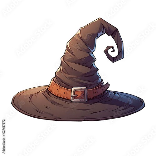 Classic, witch or wizard hat with a wide brim and a tall, pointed, slightly wrinkled crown that curls at the tip. Brown leather-like band around the base with a large buckle. Isolated.