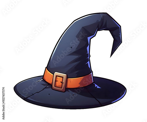 Classic, witch or wizard hat with a wide brim and a tall, pointed, slightly wrinkled crown that curls at the tip. Brown leather-like band around the base with a large buckle. Isolated.
