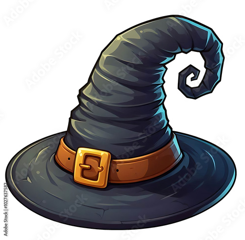 Classic, witch or wizard hat with a wide brim and a tall, pointed, slightly wrinkled crown that curls at the tip. Brown leather-like band around the base with a large buckle. Isolated.