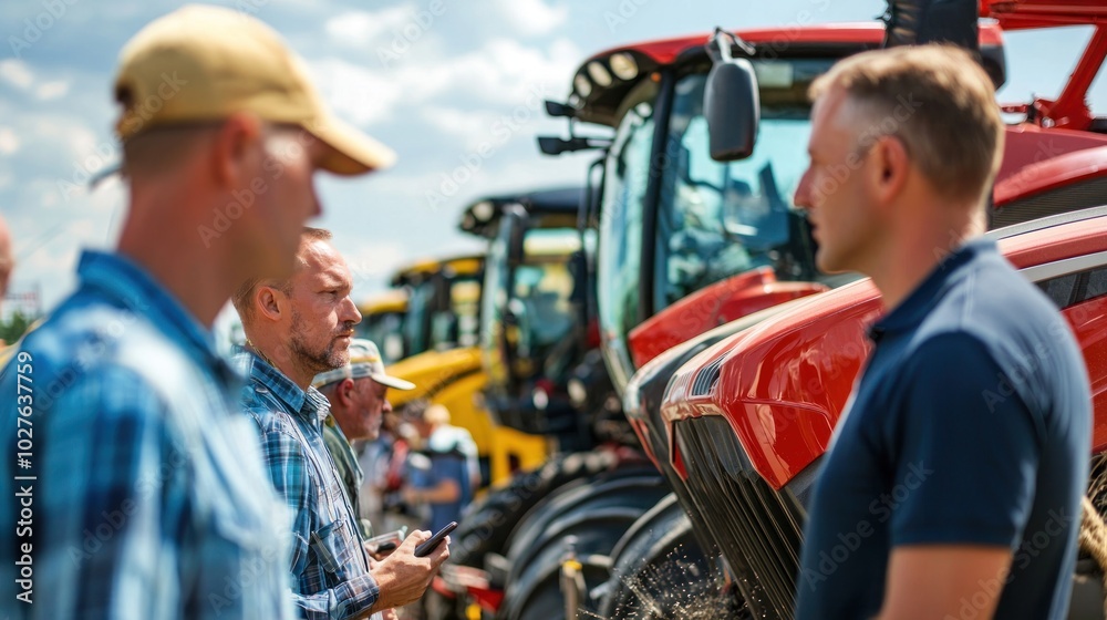 Farmers inspecting the latest models of agricultural equipment at an expo. Farmers inspecting the latest models of agricultural equipment at an expo.