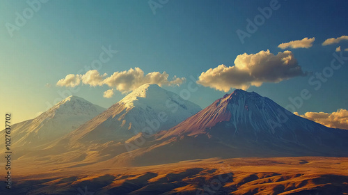 Scenic view of snow-capped mountains under a clear sky with clouds at sunset. Natural landscape with golden light. Nature and travel concept. Design for posters, banners, and travel guides.