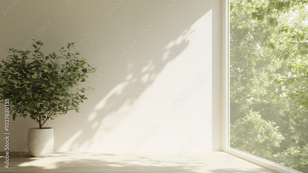 A serene interior space featuring potted plant beside large window, allowing natural light to illuminate room. soft shadows create calming atmosphere, perfect for relaxation A serene interior space featuring potted plant beside large window, allowing natural light to illuminate room. soft shadows create calming atmosphere, perfect for relaxation