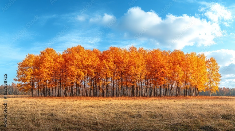Naklejka premium Panorama orange yellow autumn trees under blue sky banner