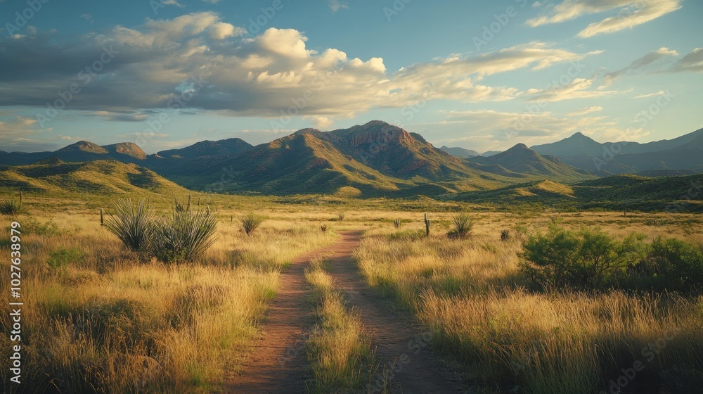 A dirt path winds through a desert landscape with mountains in the background. The sky is blue and there are white clouds. A dirt path winds through a desert landscape with mountains in the background. The sky is blue and there are white clouds.