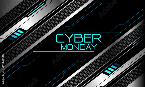 Abstract cyber Monday technology futuristic metal black line blue light power hexagon mesh geometric design creative background vector