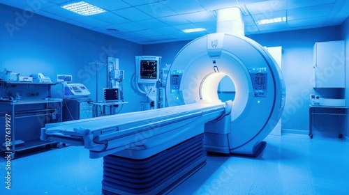 A modern MRI machine in a hospital imaging room.