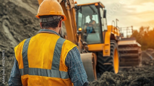 A farmer wearing safety gear while operating heavy machinery.