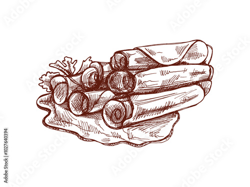 Hand-drawn monochrome vector sketch of  pork meat, ham slice, prosciutto vintage sketch. Butcher shop.