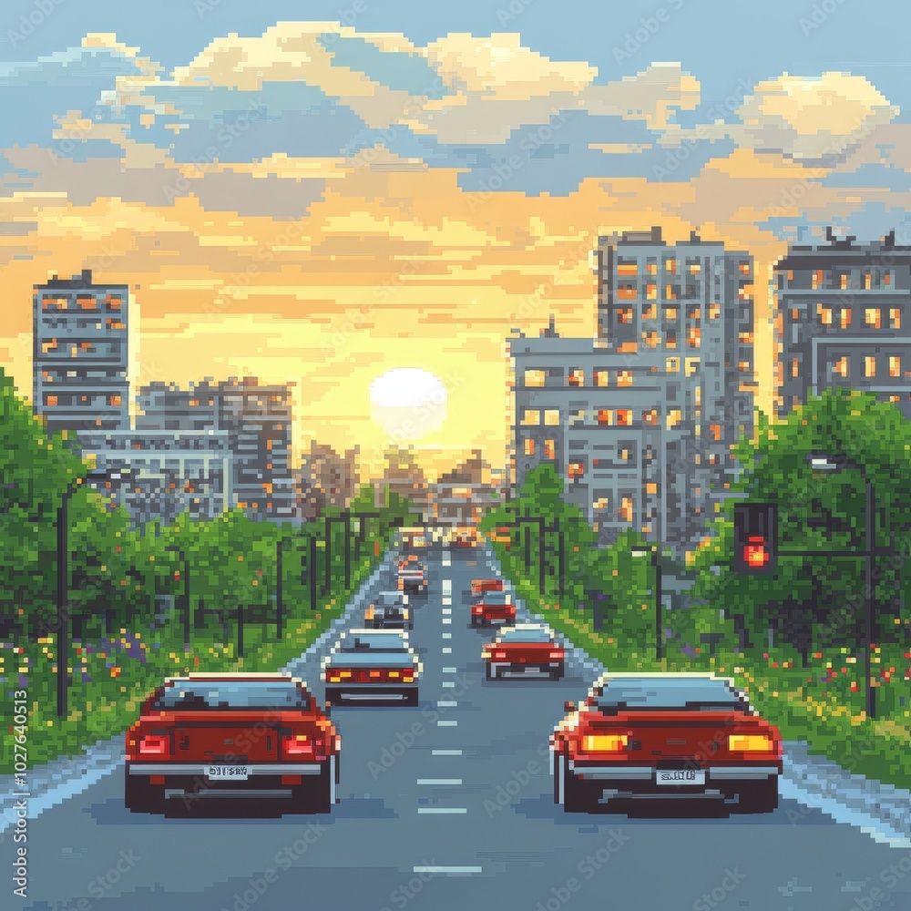 Pixel art game asset of two red cars driving down a city road at sunset with tall buildings on either side and lush greenery in the foreground