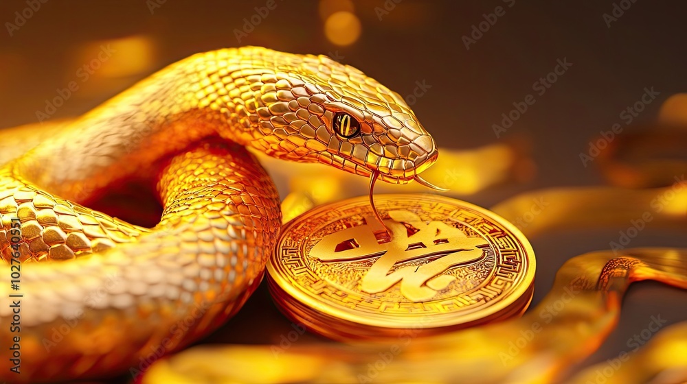 Golden Snake Coiled Around a Chinese Coin Golden Snake Coiled Around a Chinese Coin