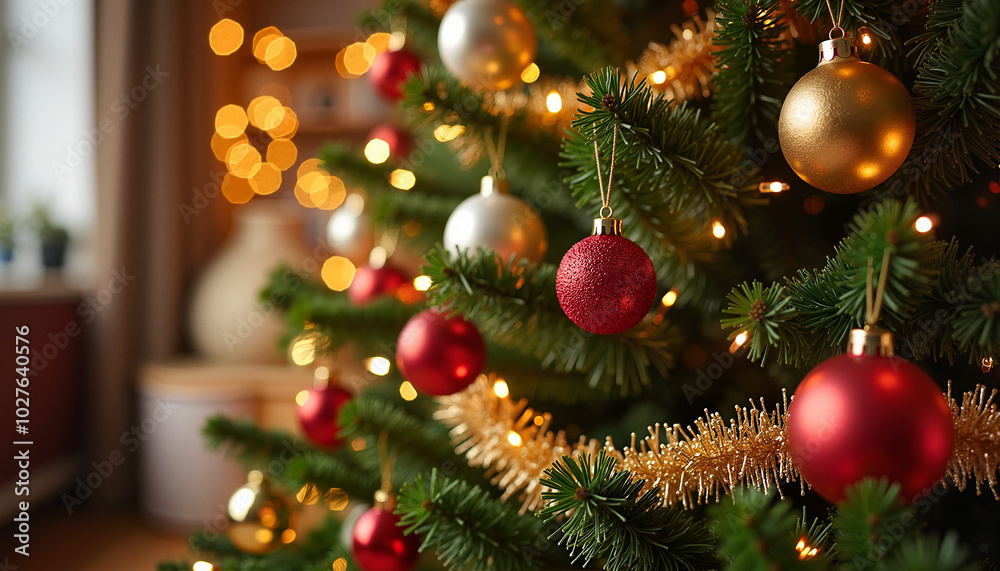 Festive Christmas tree with ornaments and lights Festive Christmas tree with ornaments and lights