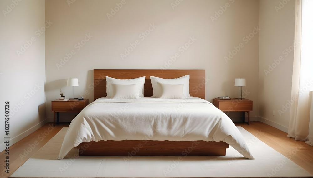 Tidy, bright bedroom featuring clean lines and minimal decor, creating a serene and refreshing atmosphere for relaxation Tidy, bright bedroom featuring clean lines and minimal decor, creating a serene and refreshing atmosphere for relaxation