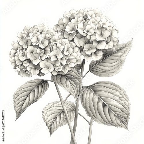 Hydrangea ink and pencil line drawing flower, isolated on white background