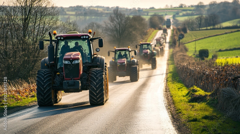 A convoy of tractors driving along a country road. A convoy of tractors driving along a country road.