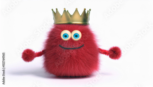 A fluffy red creature, crowned king, smiles cheerfully against a stark white backdrop. A whimsical, joyful image.