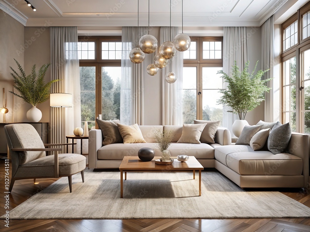 Fototapeta premium Tranquil Monochromatic Living Room with Elegant Furniture and Artistic Sculptures
