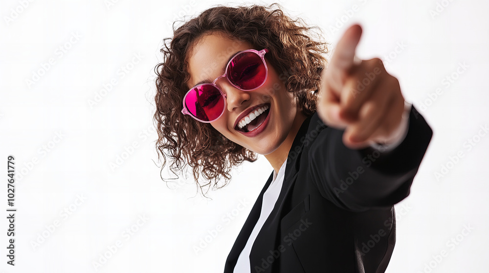 A young woman in a black blazer with curly hair and pink sunglasses joyfully pointing at the camera against a light background A young woman in a black blazer with curly hair and pink sunglasses joyfully pointing at the camera against a light background