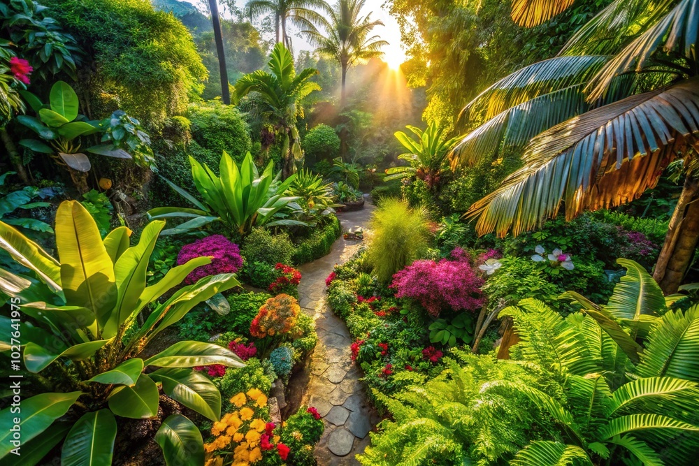 Fototapeta premium Tropical Garden Backdrop with Lush Greenery, Vibrant Flowers, and Exotic Fauna for Food Photography