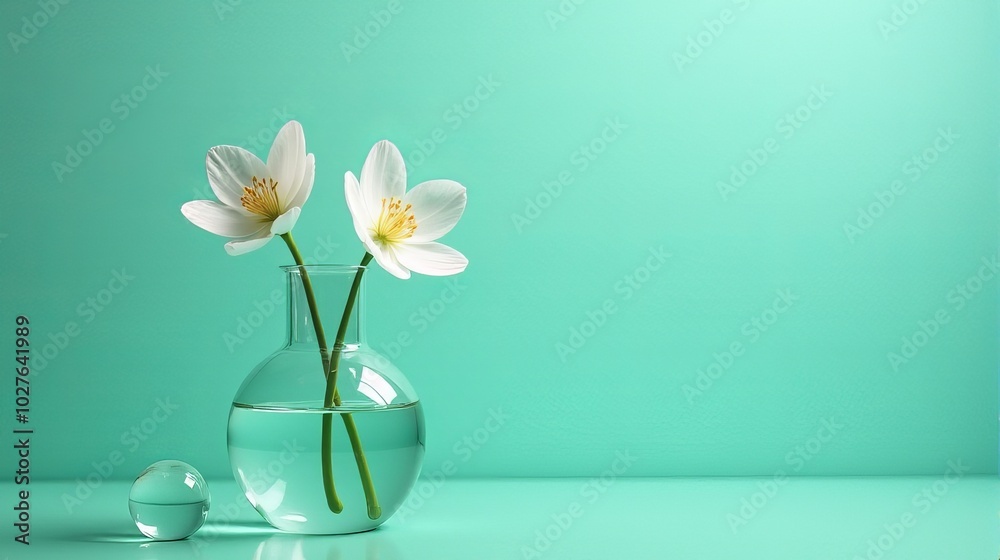 Clear Glass Vase With Delicate White Flowers on a Teal Background Clear Glass Vase With Delicate White Flowers on a Teal Background