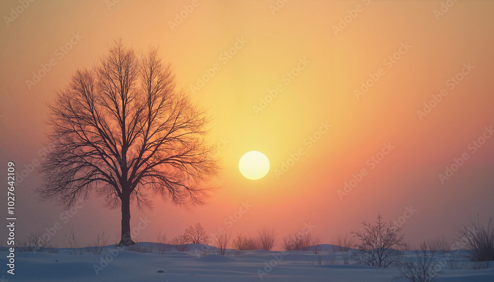 Lone tree silhouette against winter sunset sky Lone tree silhouette against winter sunset sky